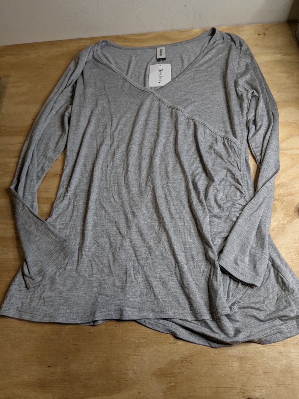 Beauhuty Women's Long Sleeve Blouse Sz L V Neck Shirt NWT Gray Top